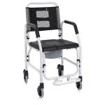 Sedia per doccia e WC fissa con 4 ruote - (Seduta 43,5 cm) - (Portata Max 100kg) Seduta e braccioli in PU - WC asportabile - Pedane ribaltabili