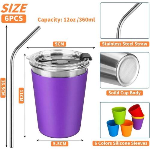 Unzerbrechliche Edelstahlflasche mit Deckel mit Loch, Verschlusskappe und Strohhalm, 360 ml, herausnehmbare Thermosauskleidung aus farbigem Silikon.