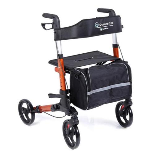 ROLLATORE (ARANCIONE) RICHIUDIBILE E PIEGHEVOLE IN ALLUMINIO - 4 RUOTE IN PVC - SEDUTA IN TESSUTO - BORSA PORTA OGGETTI TRASFORMABILE IN BORSA PER IL TRASPORTO