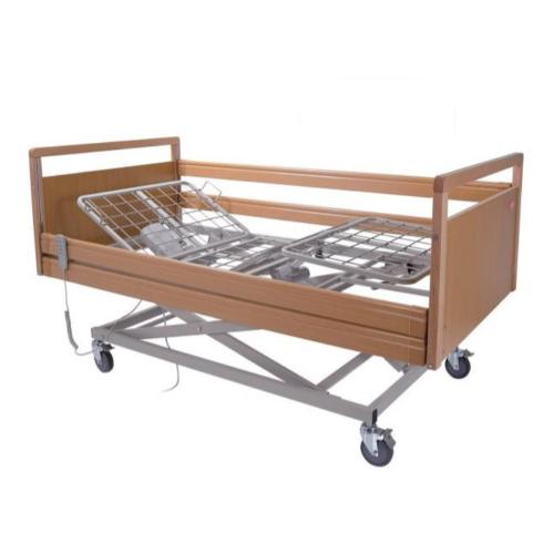 LETTO DA DEGENZA CON RETE ELETTRICA (187x80x33,5÷65,5h) A TRE SNODI SU RUOTE - INGOMBRO (208x102x116,5h) Testiera e pediera in legno, sponde in alluminio effetto legno - Portata max 135 Kg