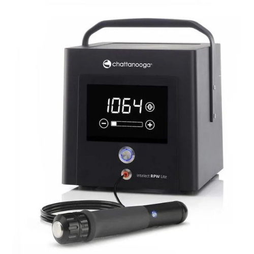 Intelect® RPW Lite: onde di pressione radiali pneumatiche a bassa energia, touchscreen LCD, 6 livelli di intensità (6-18 Hz); per tendinopatia achillea, tunnel carpale, fascite plantare e dito a scatto.