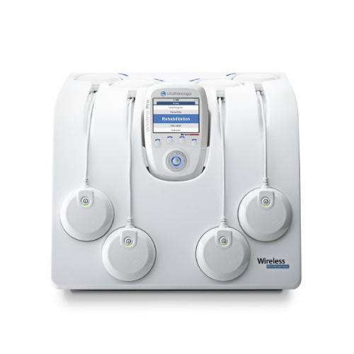 Wireless Pro 4 CH Full: stimolatore wireless 4 canali, 63 programmi (TENS/NMES, neurologia, LCA), funzione Trigger, tecnologia Muscle Intelligence™, 2 telecomandi e docking station; per riabilitazione neurologica e ortopedica.