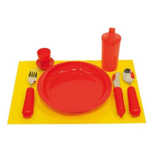 COMPLETO PER MANGIARE (TOVAGLIETTA ANTISCIVOLO-PIATTO-POSATE-BICCHIERE-PORTA UOVO) INDICATO A PERSONE CON ALZHEIMER (7 pezzi)