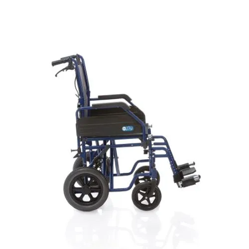 CARROZZINA GO UP CON SEDUTA 48 cm - DA TRANSITO E CON FRENO OPERATORE - IN ACCIAIO A DOPPIA CROCIERA E PORTATA DI 150 Kg - RUOTE POSTERIORI IN PU - PEDANE REGOLABILI - SCHIENALE RECLINABILE E BRACCIOLI RIBALTABILI - PESO 17,5 Kg
