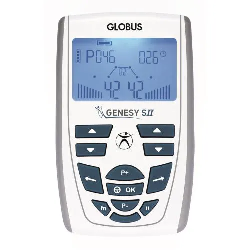 Genesy S2: Elettrostimolatore a 2 canali indipendenti (4 elettrodi) per la terapia domiciliare, con 60 programmi per fisioterapia, gestione del dolore, ionoforesi e riabilitazione muscolare, compatto e facile da usare.