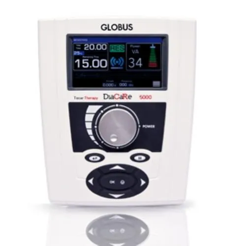 DiaCaRe 5000: Apparecchio portatile per Tecarterapia capacitiva e resistiva, potenza 180W, display touch a colori 4,3", 6 frequenze selezionabili, compatto e leggero, ideale per uso professionale itinerante e trattamento di dolore e contratture.