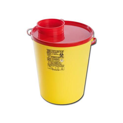 CONTENITORE DI SICUREZZA (1.5 lt) (Ø 14 x 16,7 h cm) LINEA PBS - PER L'ELIMINAZIONE DI AGHI ED OGGETTI TAGLIENTI - alette anti deflusso - meccanismo di sgancio aghi da insulina - indicazione del livello di riempimento massimo