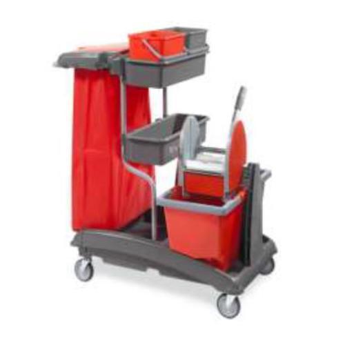 CARRELLO MULTIUSO CON 4 RUOTE senza pressa per mop - 2 secchi da 6 lt e 2 secchi da 15 lt, 2 cestelli, reggisacco completo di 2 portamanico e 4 agganci