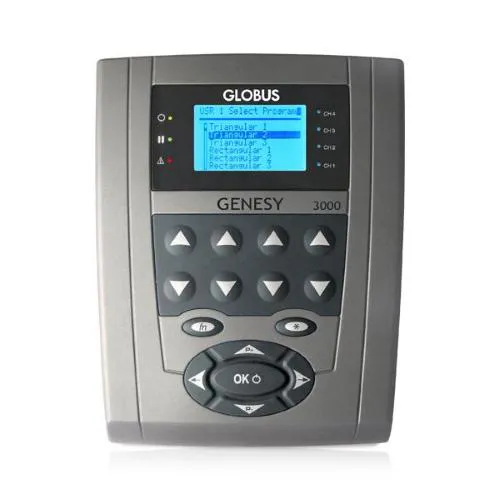 Genesy 3000: Elettrostimolatore professionale a 4 canali indipendenti (8 elettrodi) con 423 programmi per riabilitazione muscolare post-chirurgica, gestione del dolore, ionoforesi, sport e trattamenti estetici; display 2,6".