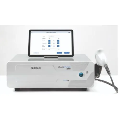 ShockWave 2000 Med Line: Dispositivo a onde d'urto radiali con manipolo ergonomico Ergowave, tablet touch screen 11" per selezione protocolli, pressione 1-5 Bar, frequenza 1-20Hz, fino a 9900 colpi impostabili.