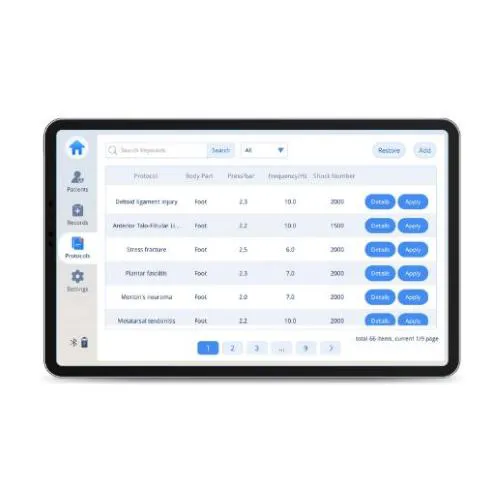 ShockWave 2000 Med Line: Dispositivo a onde d'urto radiali con manipolo ergonomico Ergowave, tablet touch screen 11" per selezione protocolli, pressione 1-5 Bar, frequenza 1-20Hz, fino a 9900 colpi impostabili.