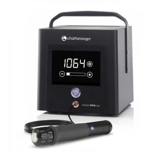 Intelect® RPW Lite: onde di pressione radiali pneumatiche a bassa energia, touchscreen LCD, 6 livelli di intensità (6-18 Hz); per tendinopatia achillea, tunnel carpale, fascite plantare e dito a scatto.
