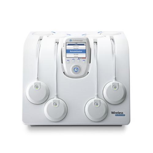 Wireless Pro 4 CH Full: stimolatore wireless 4 canali, 63 programmi (TENS/NMES, neurologia, LCA), funzione Trigger, tecnologia Muscle Intelligence™, 2 telecomandi e docking station; per riabilitazione neurologica e ortopedica.